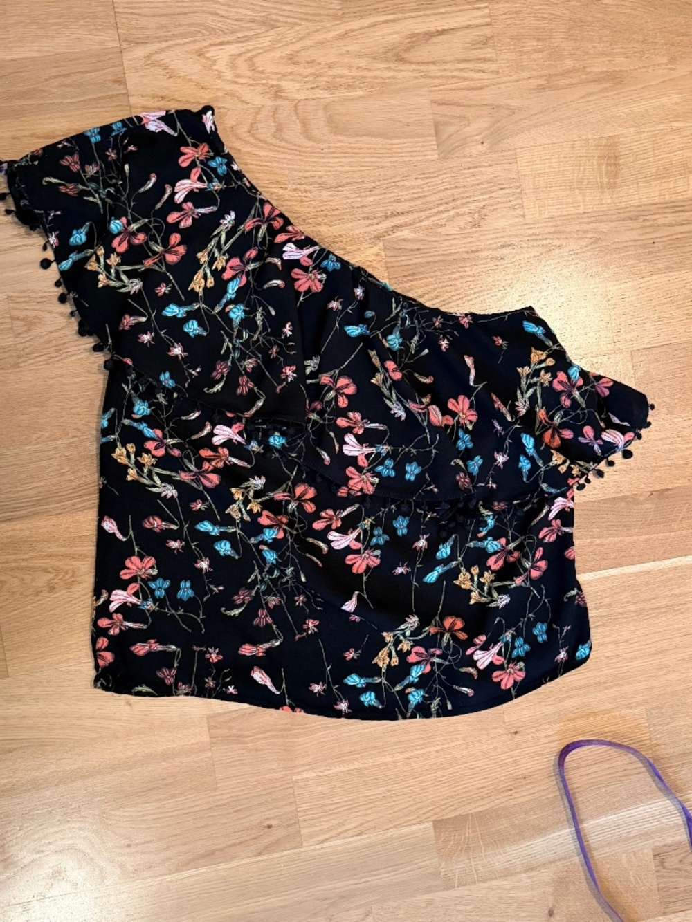 Boho One Shoulder Floral Top XS Artisan NY Black Ruffle Pom Pom Trim Festival